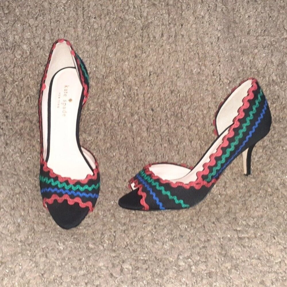 KATE SPADE-Saranne-d'Orsay Peep Toe-Black w/Red Green Blue Rick Rack-Sz 5.5-NM
